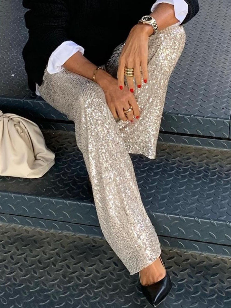 Solid Sequin Fashion Casual Straight Pants