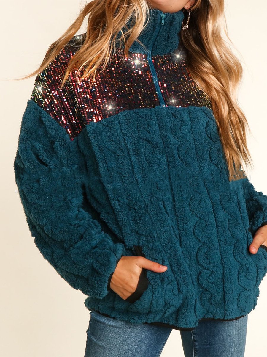 Pullover shiny jacquard patchwork turtleneck sweatshirt