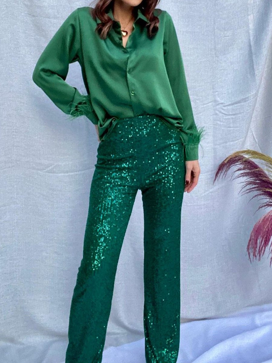 Solid Sequin Fashion Casual Straight Pants