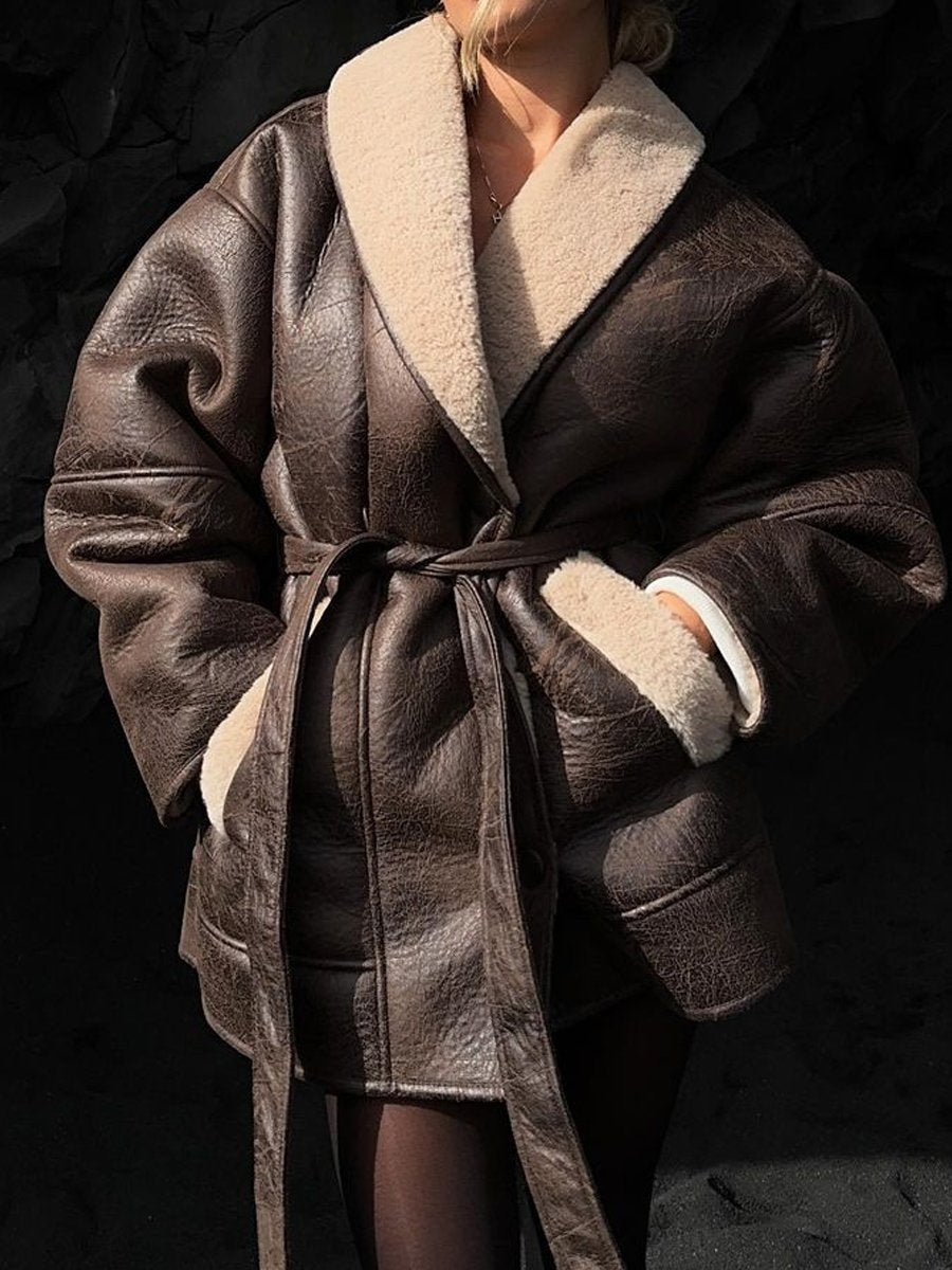 Fashion Leather Fur Collar Belted Jacket