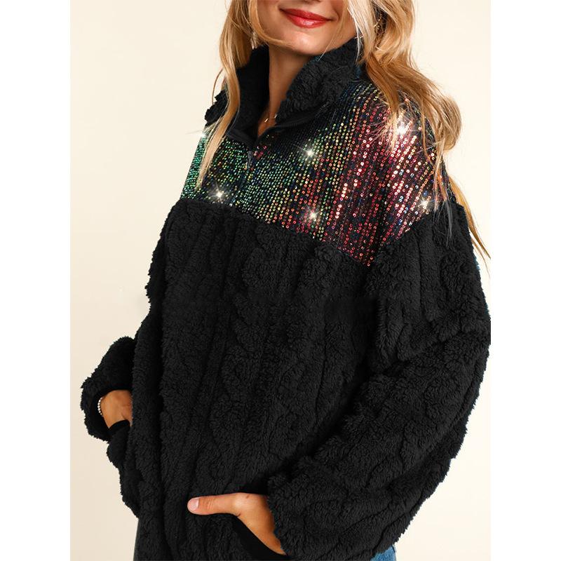Pullover shiny jacquard patchwork turtleneck sweatshirt