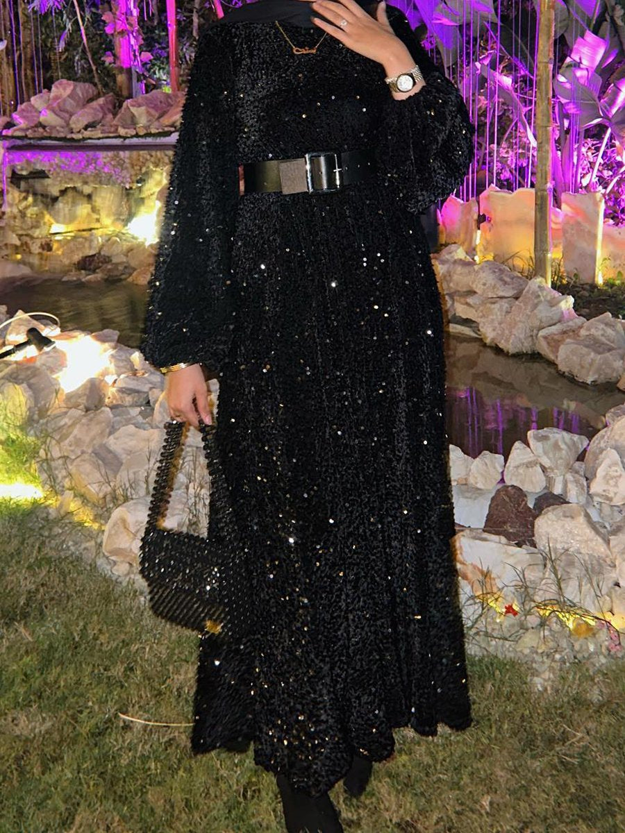 Round Neck Long Sleeve Sequin Dress