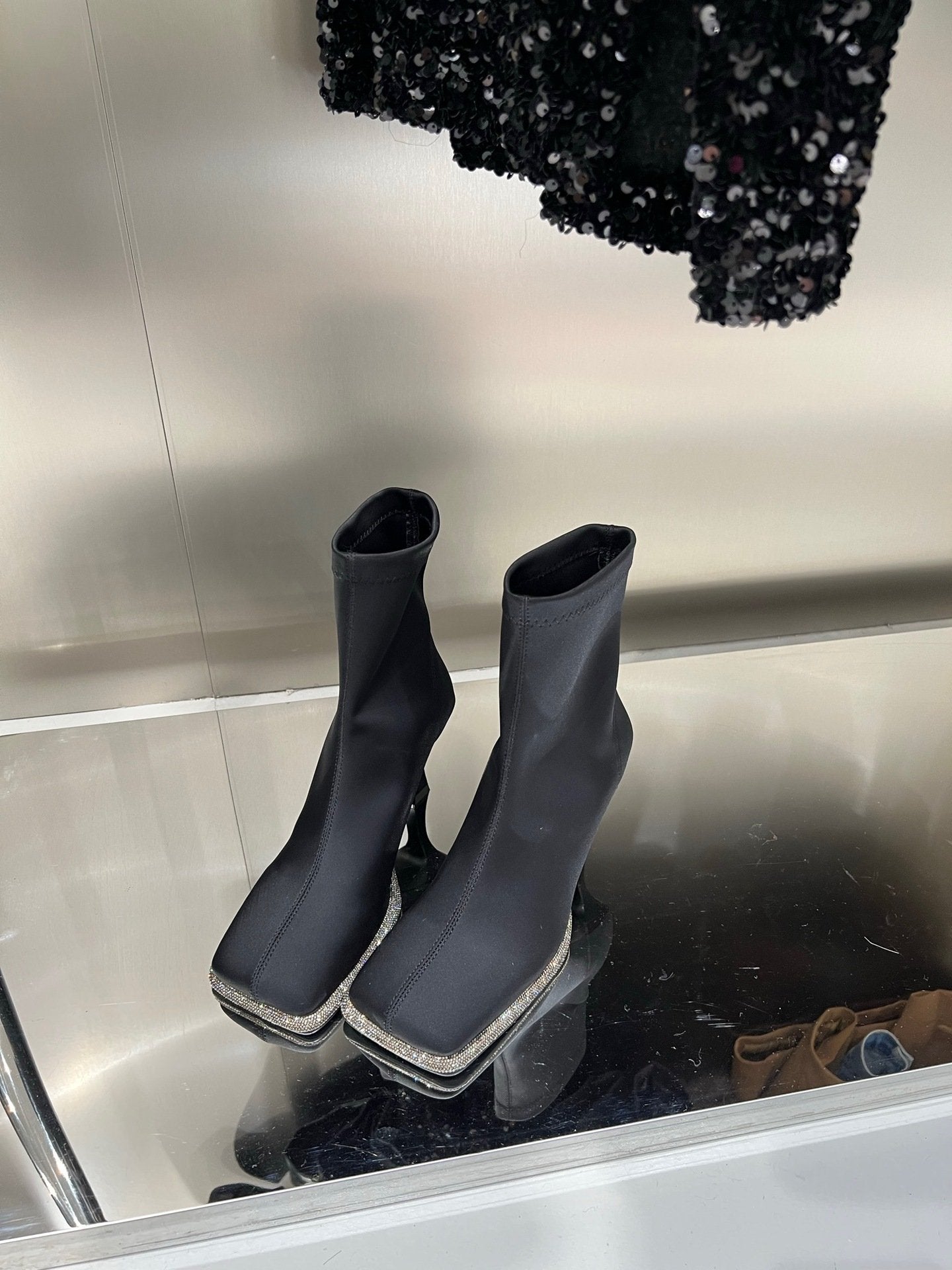 square toe rhinestone embellished stiletto boots