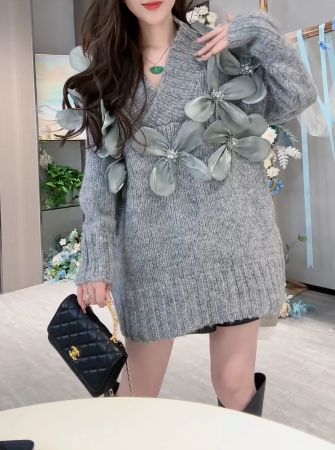 Women's Diamond-encrusted Three-dimensional Flower Sweater