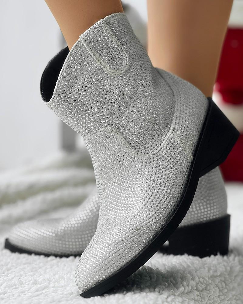 Rhinestone Chunky Heel Ankle Boots