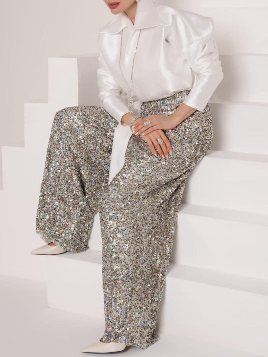 Sequin Lace Up Wide Leg Two Pieces Set