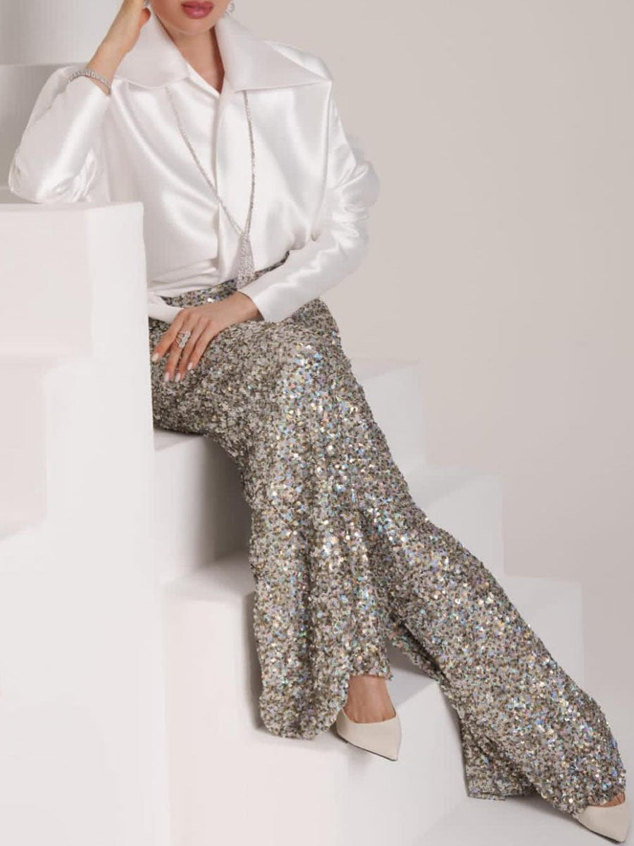 Sequin Lace Up Wide Leg Two Pieces Set