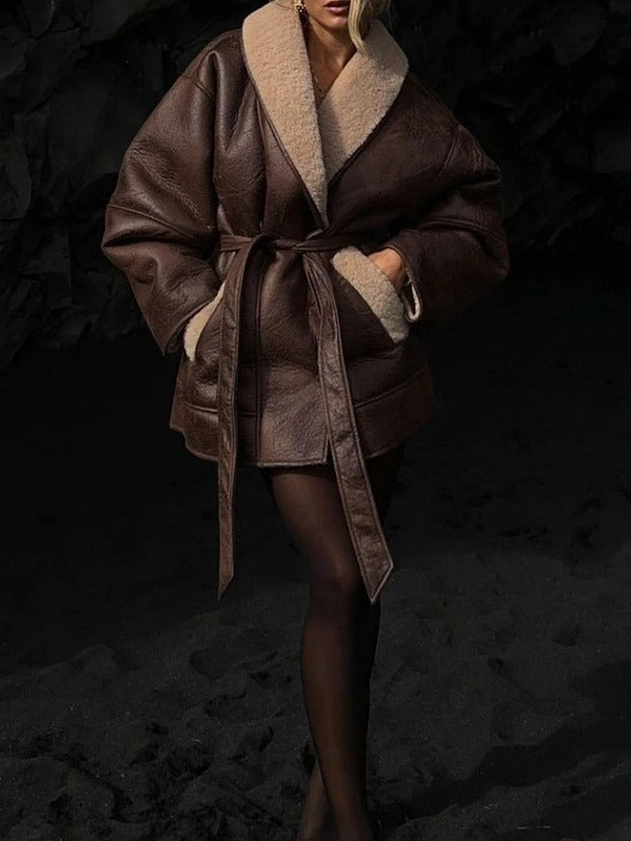 Fashion Leather Fur Collar Belted Jacket