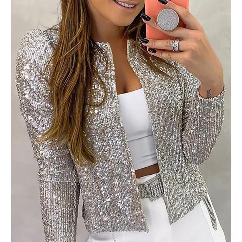 Stand collar color block sequined jacket