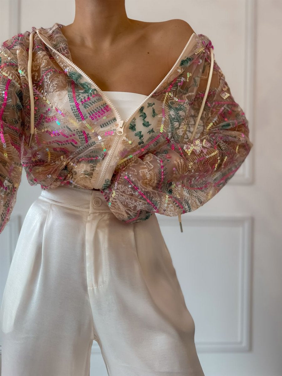 Sequined Mesh Hooded Sunscreen Jacket