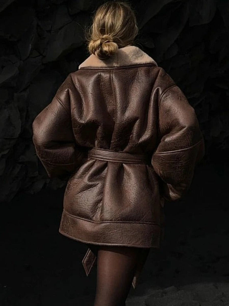 Fashion Leather Fur Collar Belted Jacket