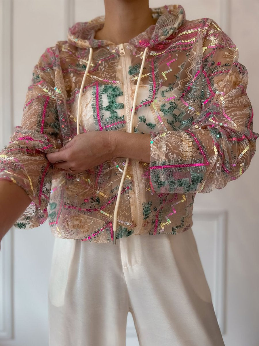 Sequined Mesh Hooded Sunscreen Jacket