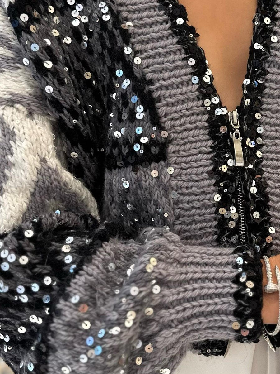 Zip Up Sequin Short Cardigan