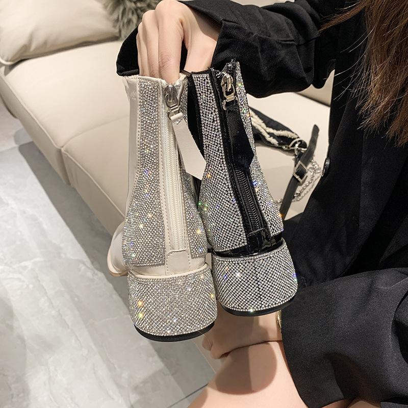 Thick Heel Rhinestone Versatile Slim Boots