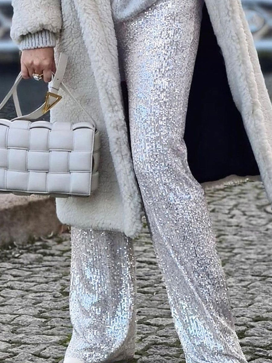 Solid Sequin Fashion Casual Straight Pants