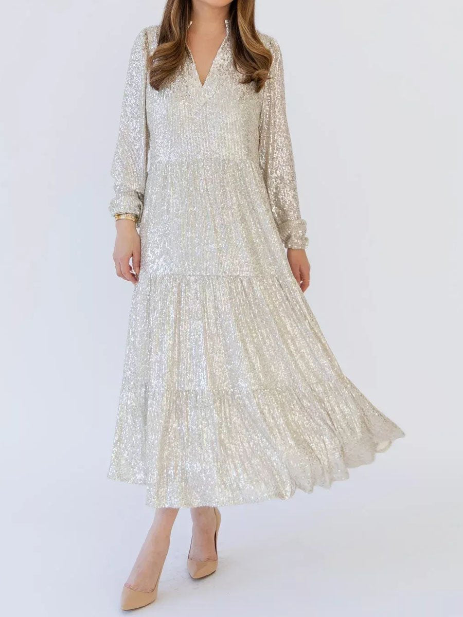 Sequin Long Sleeve Loose V Neck Party Dress