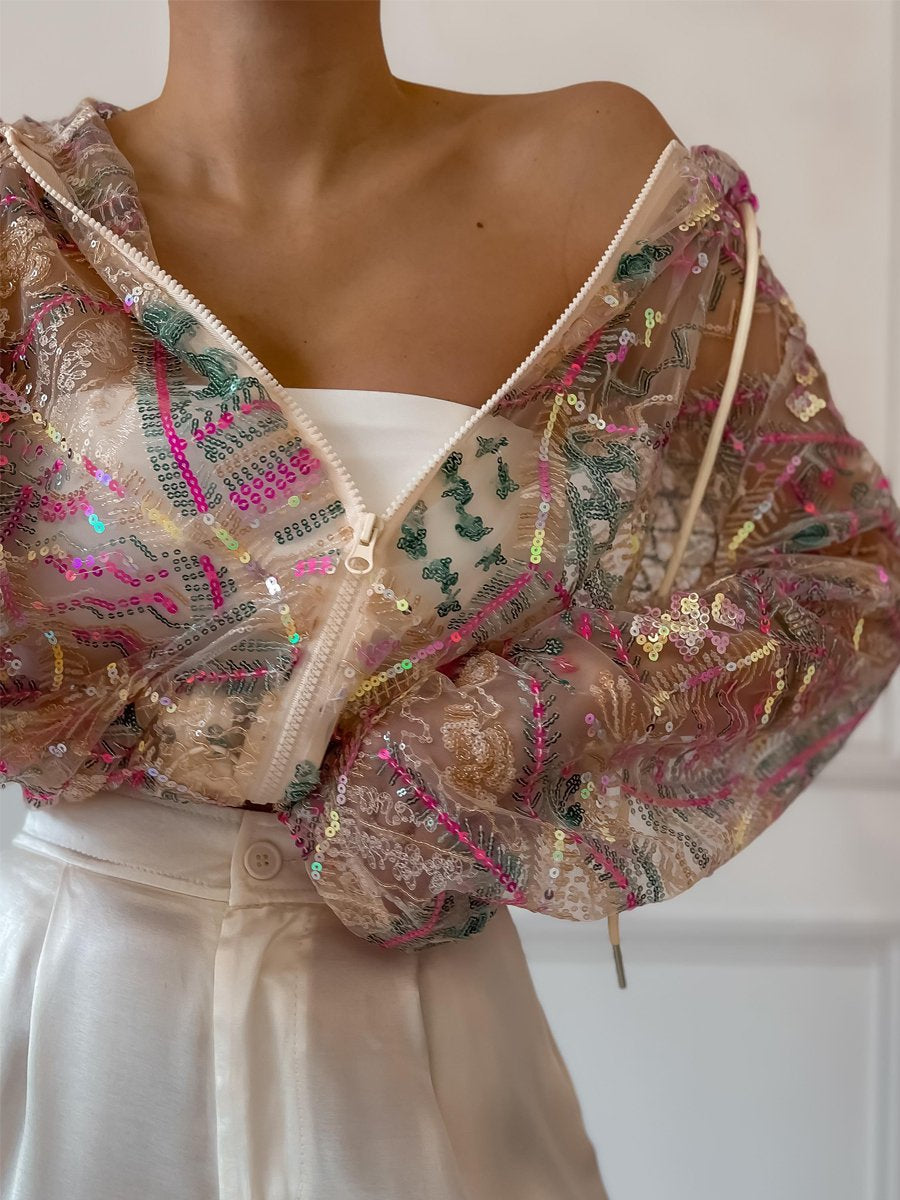 Sequined Mesh Hooded Sunscreen Jacket