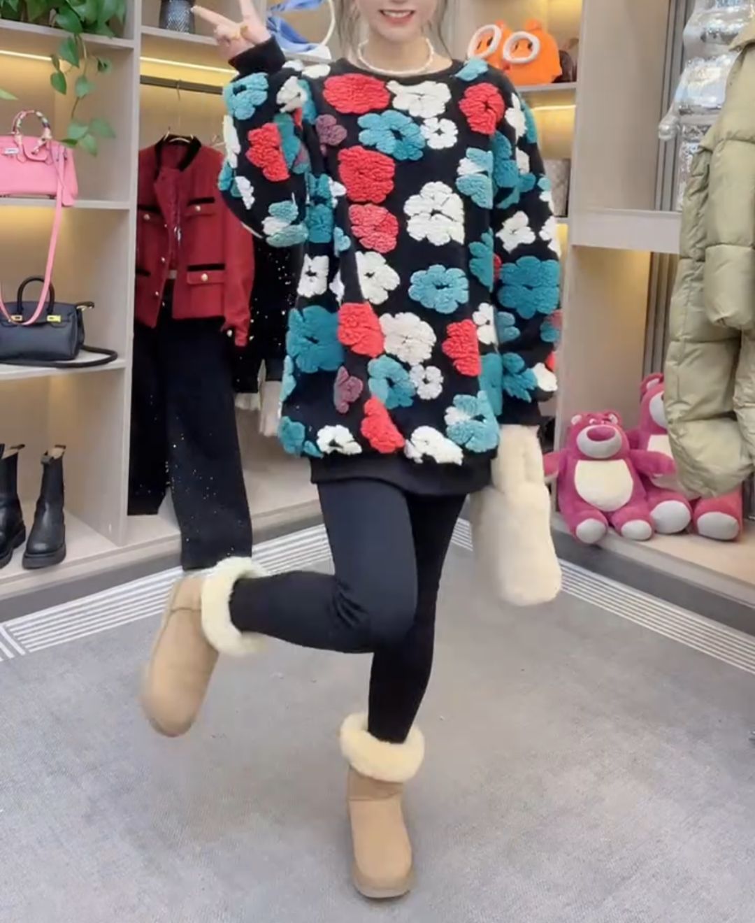 Sweet retro contrasting three-dimensional flower sweater