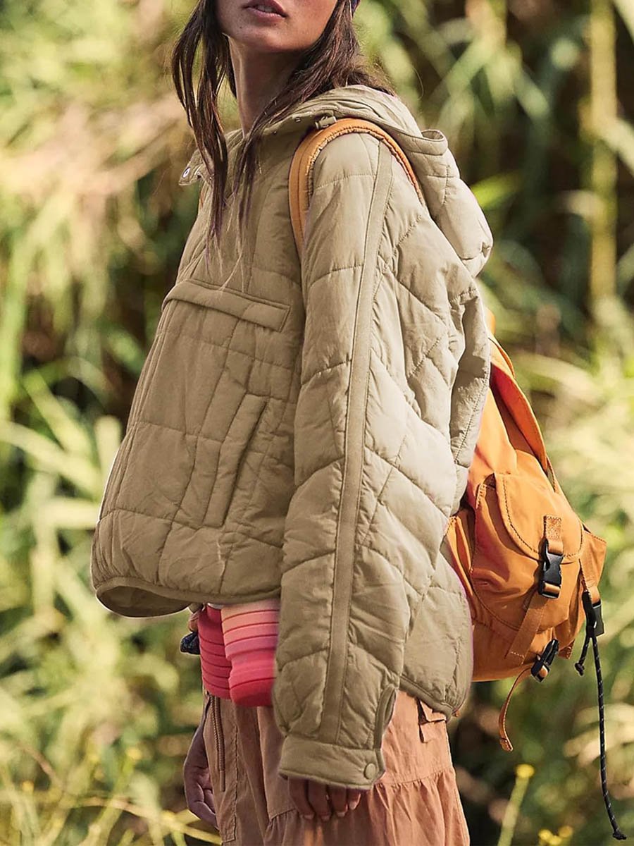Solid Color Hooded Pocket Coat