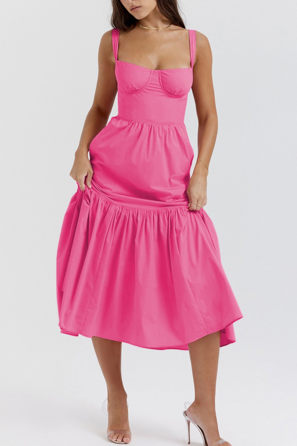 Wind strap solid color A-hem floral cake dress