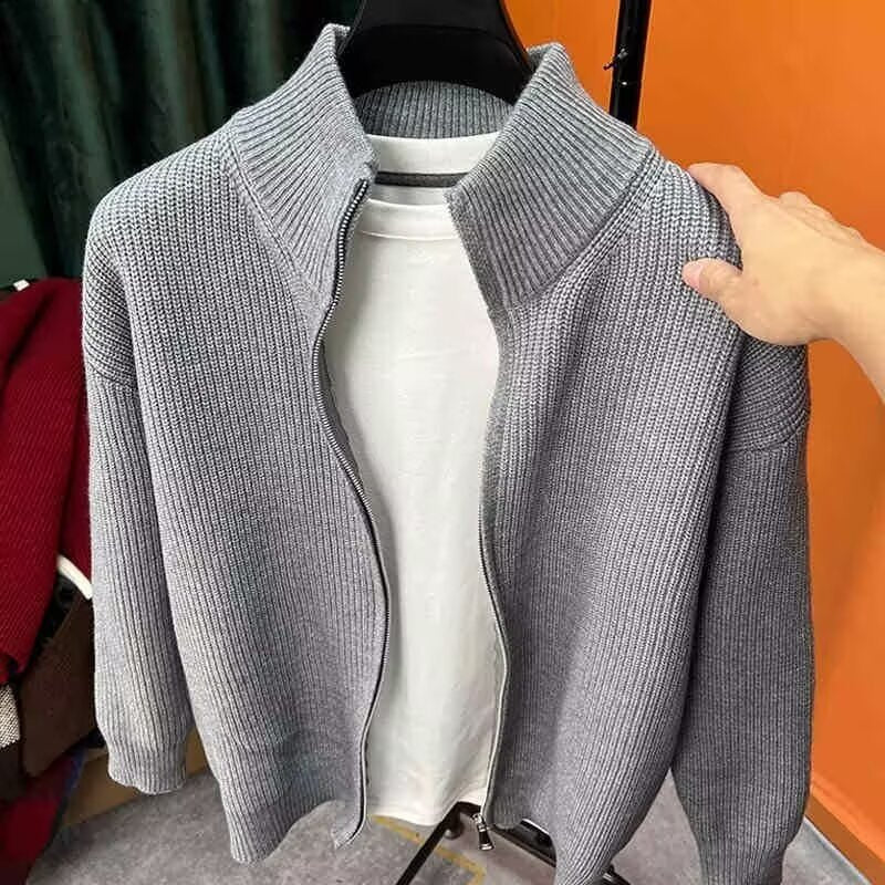Men's Solid Color Zipper Knitted Cardigan