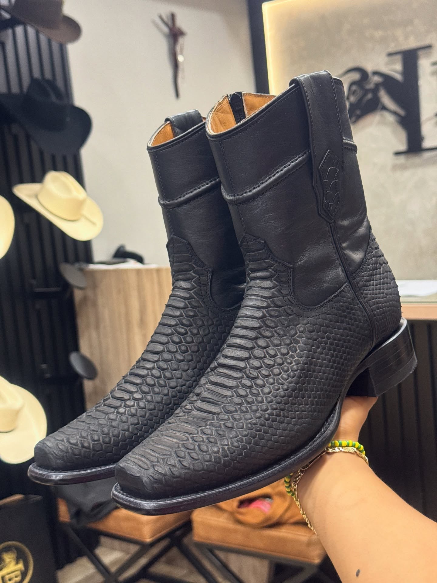 Square-Toe Snake Pattern Mid-Calf Western Cowboy Boots