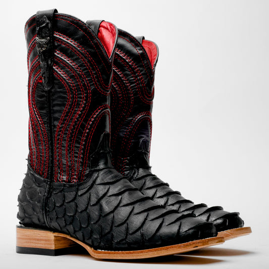 Matte Black Python Leather Boots-Square Head