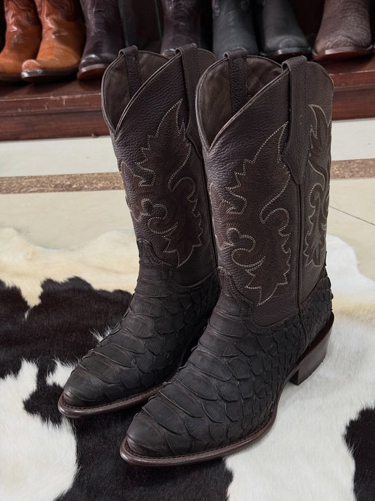 Artfully Embroidered Python-Print Boots