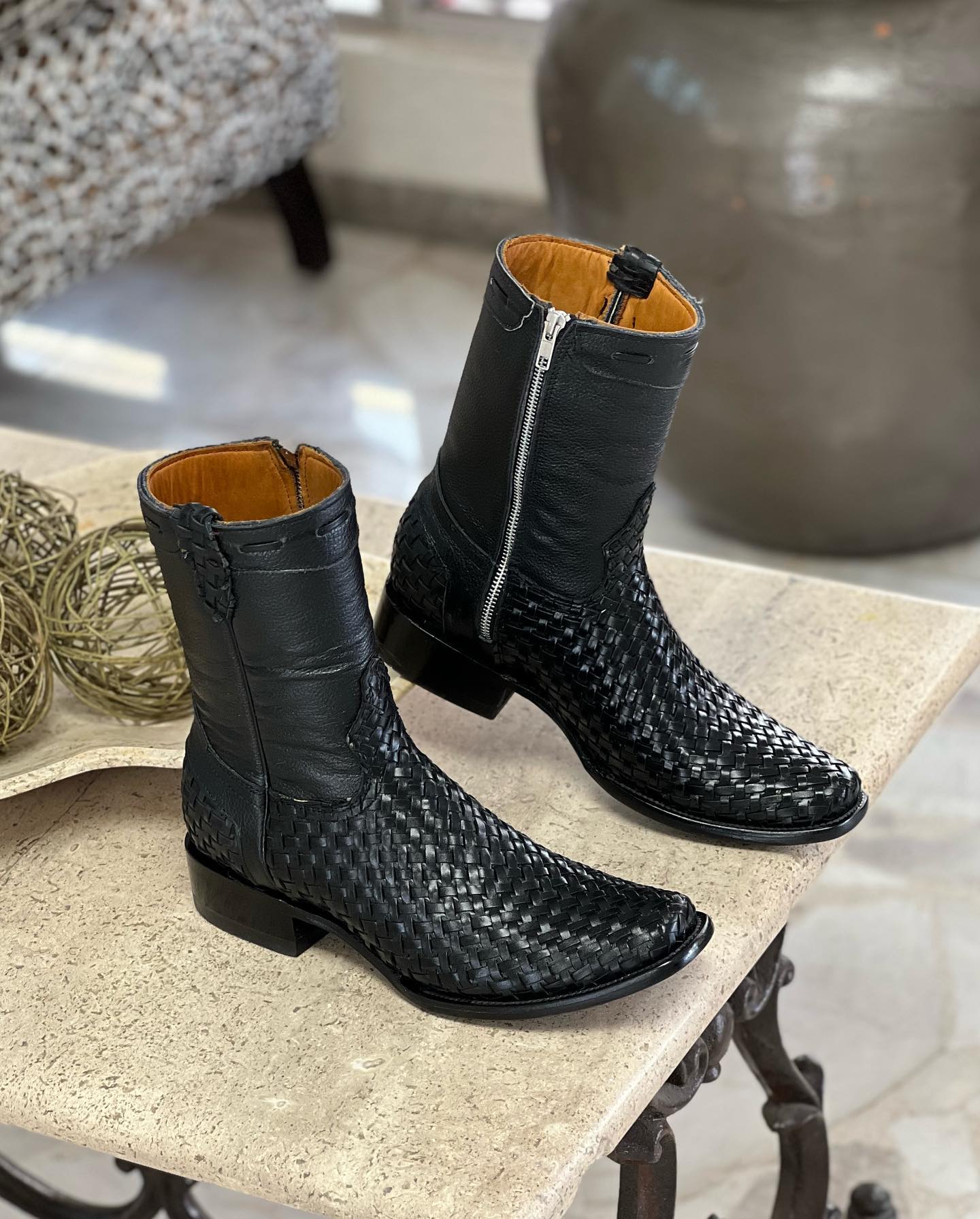 Franko Black Basketweave Leather Boots
