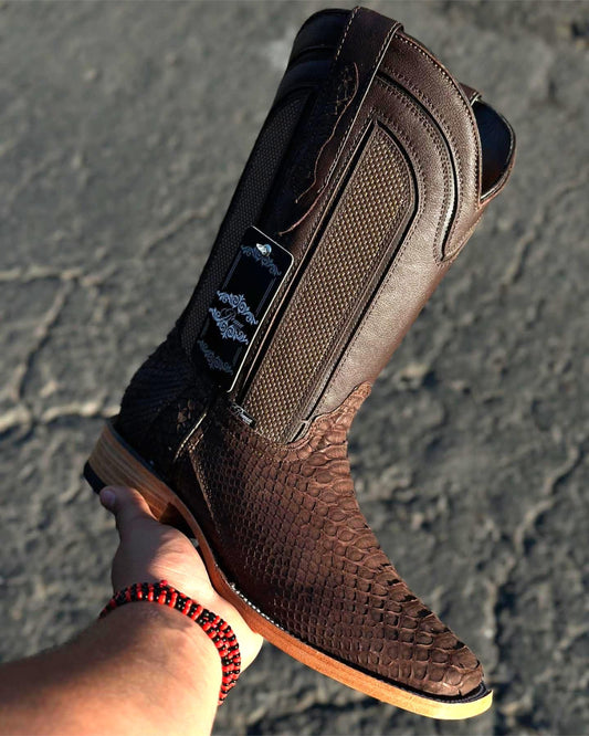 Matte Brown Square-Toe Crocodile Print Cowboy Boots