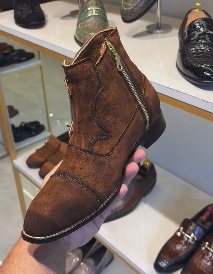 Tan Calf Suede Double Monk Boots