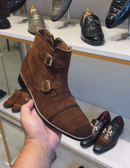 Tan Calf Suede Double Monk Boots