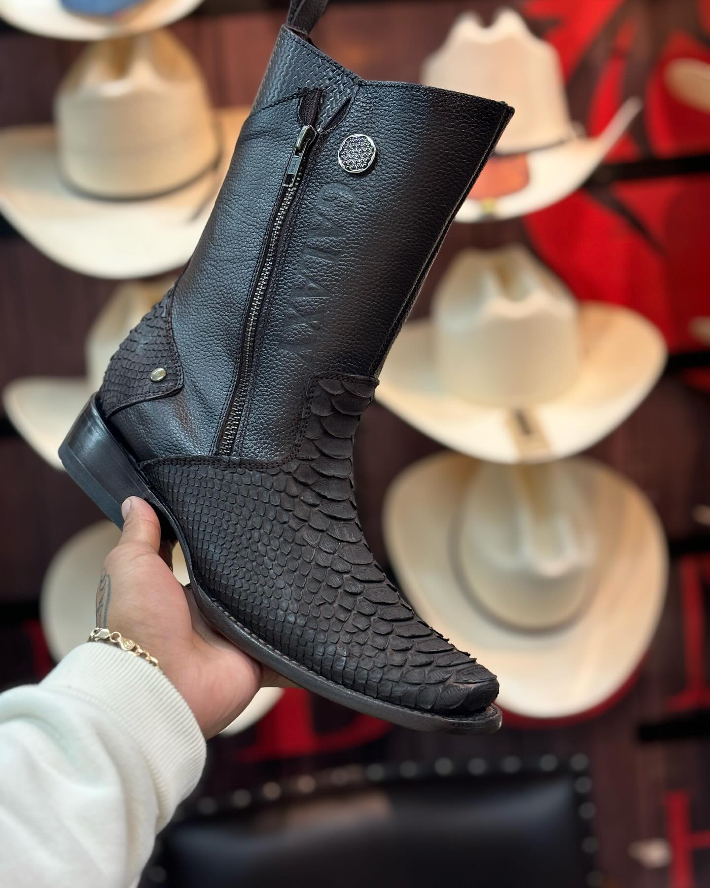 Men's Python-Print Cowboy Boots With Dual Zippers