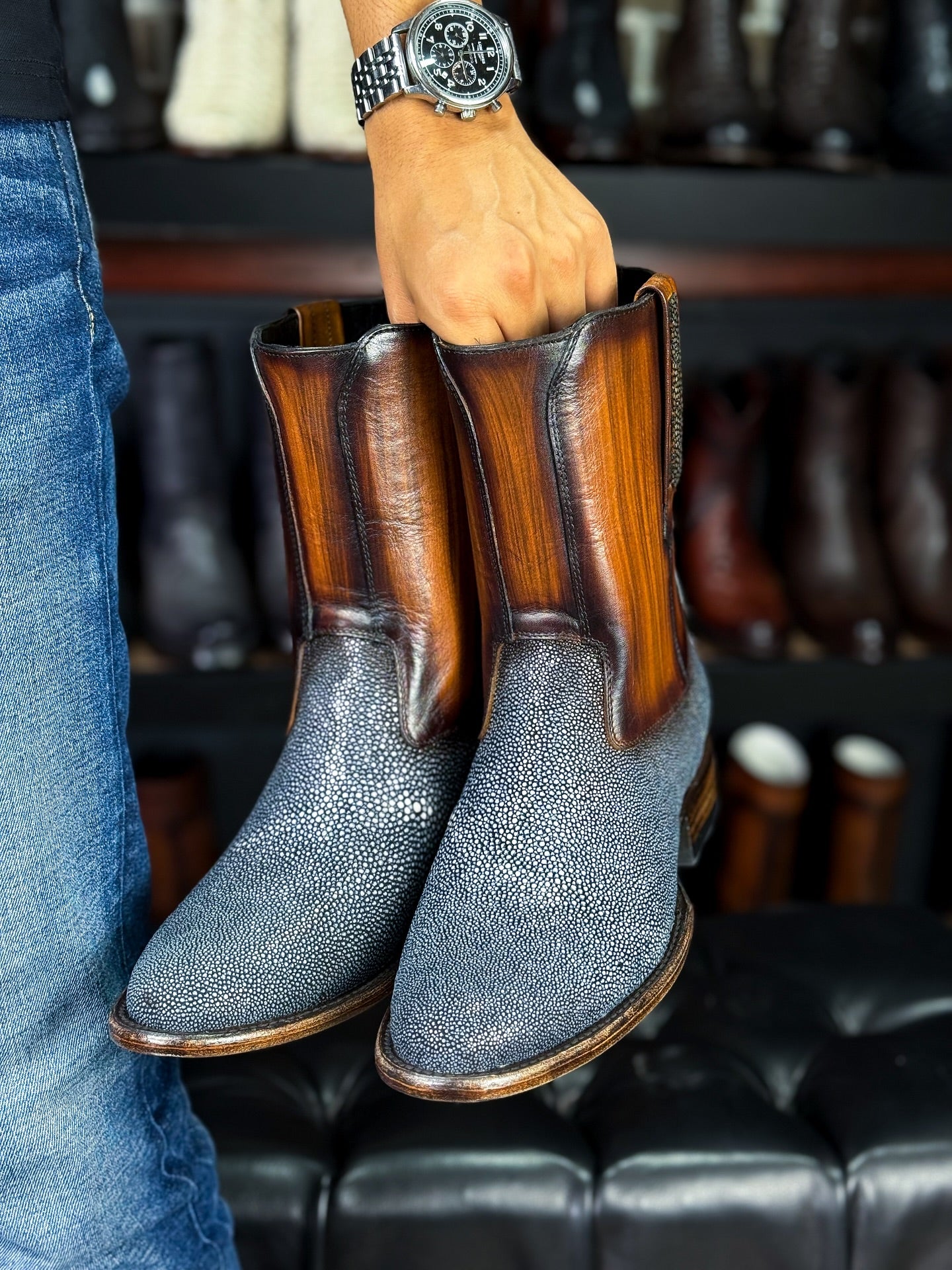 Grey Spotted Polished Men's Boots