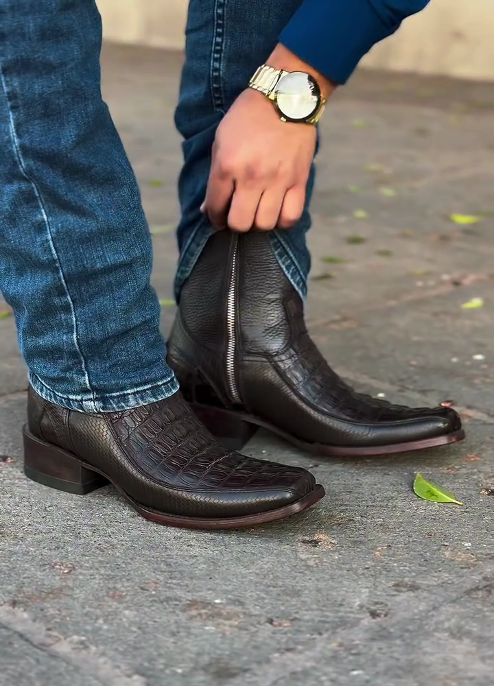 Genuine Leather Crocodile Pattern Half Square Toe Boots