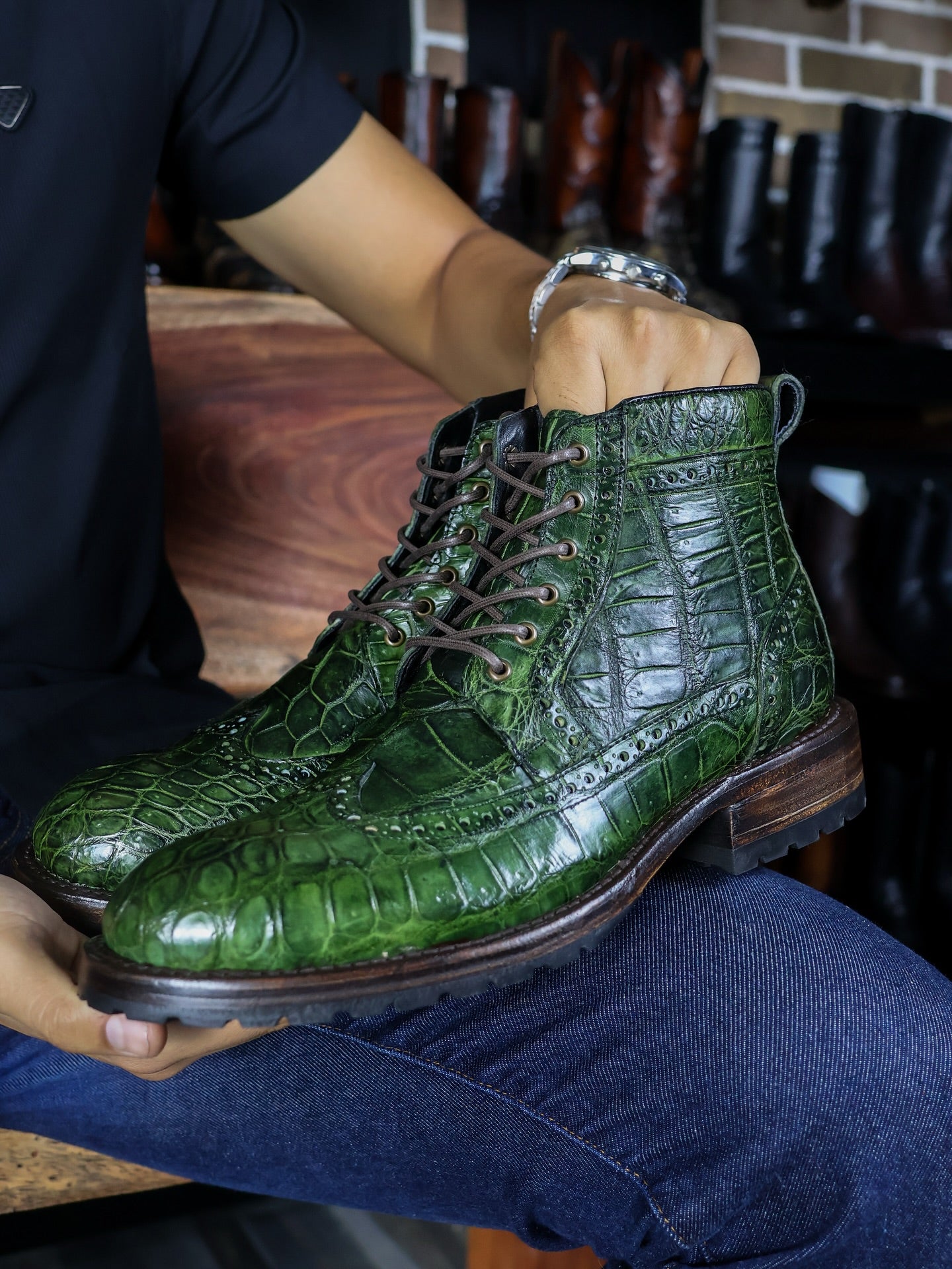 Green Genuine Leather Crocodile-Embossed Lace-Up Boots