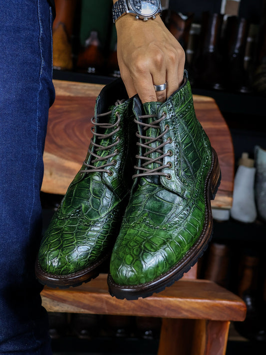Green Genuine Leather Crocodile-Embossed Lace-Up Boots