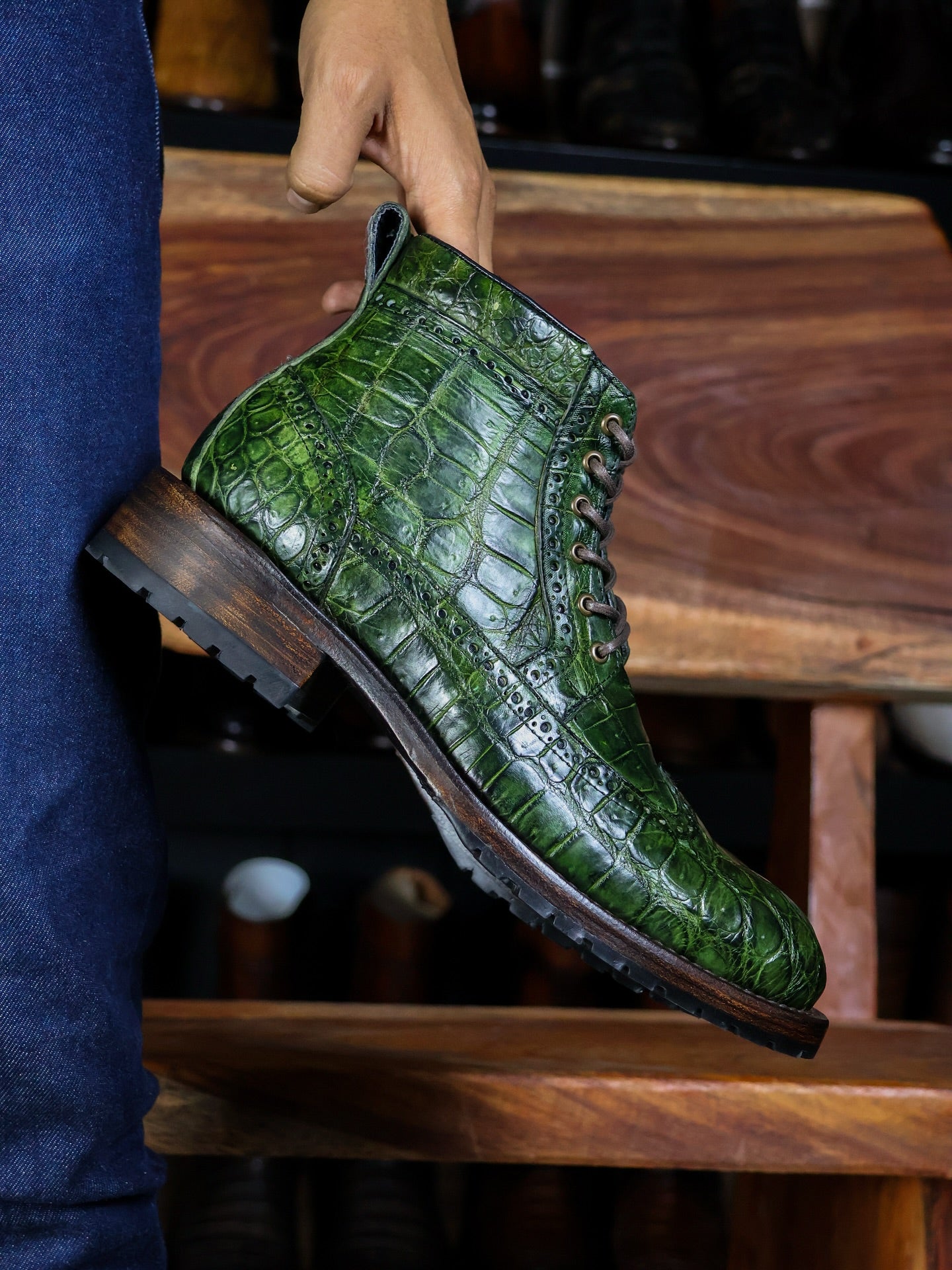 Green Genuine Leather Crocodile-Embossed Lace-Up Boots
