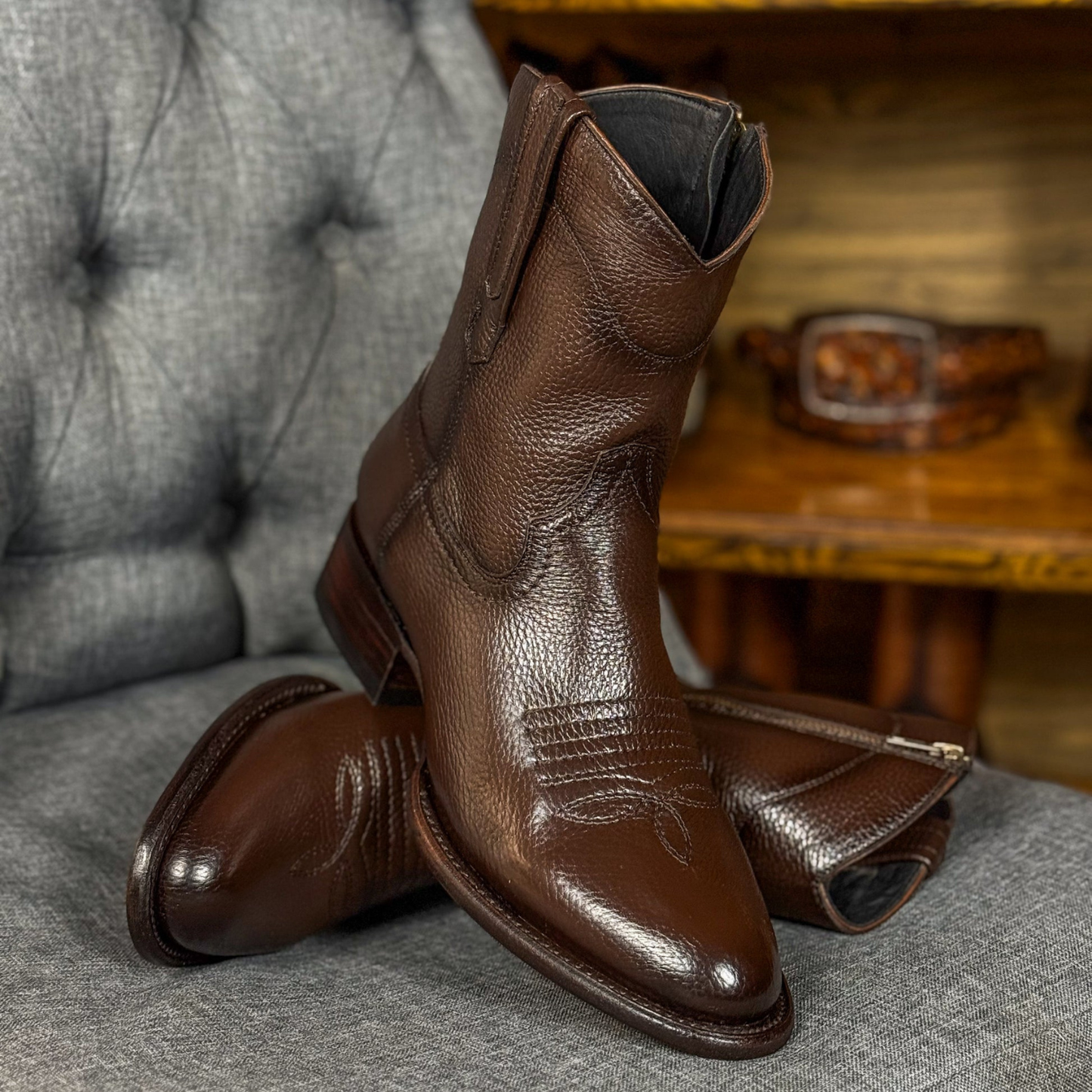 Dark Brown Deerskin Embroidered Cowboy Boots