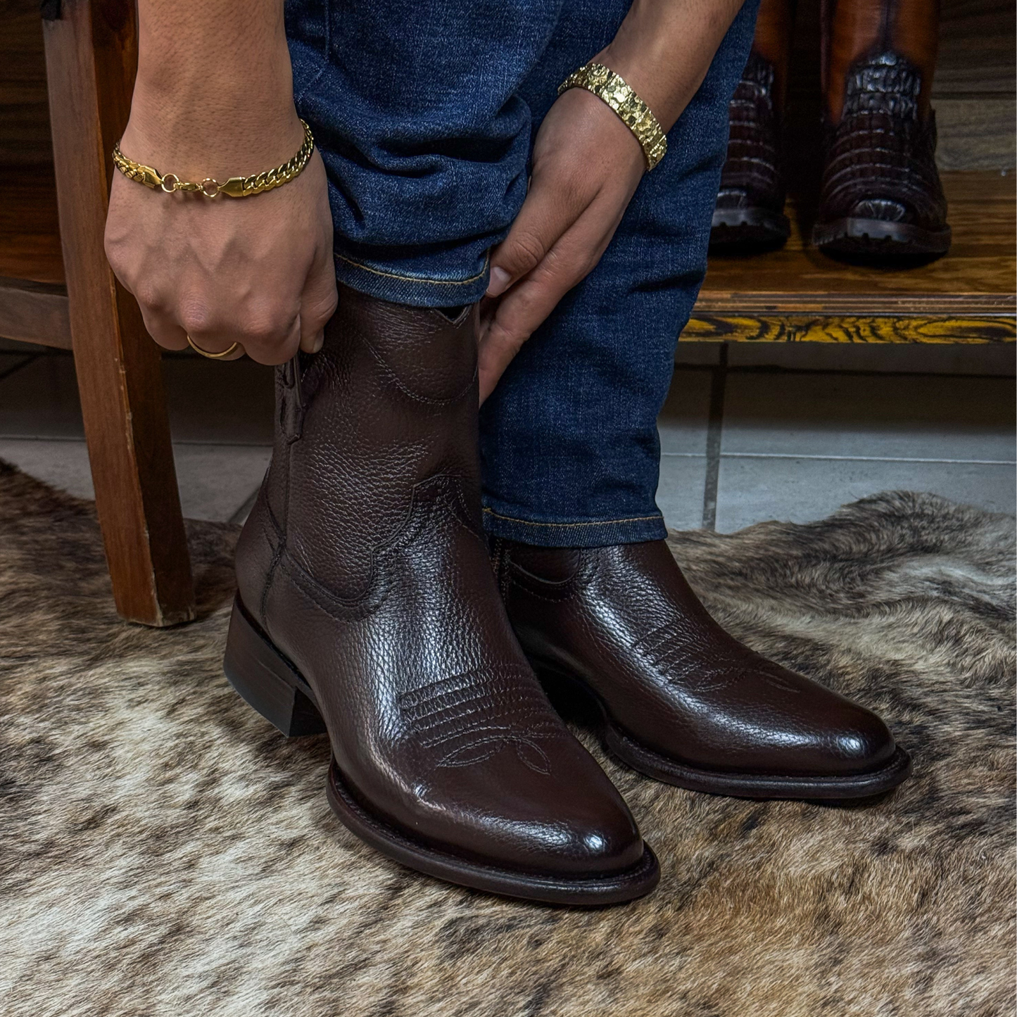 Dark Brown Deerskin Embroidered Cowboy Boots