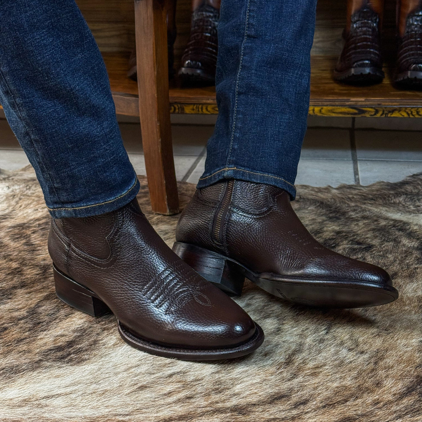 Dark Brown Deerskin Embroidered Cowboy Boots