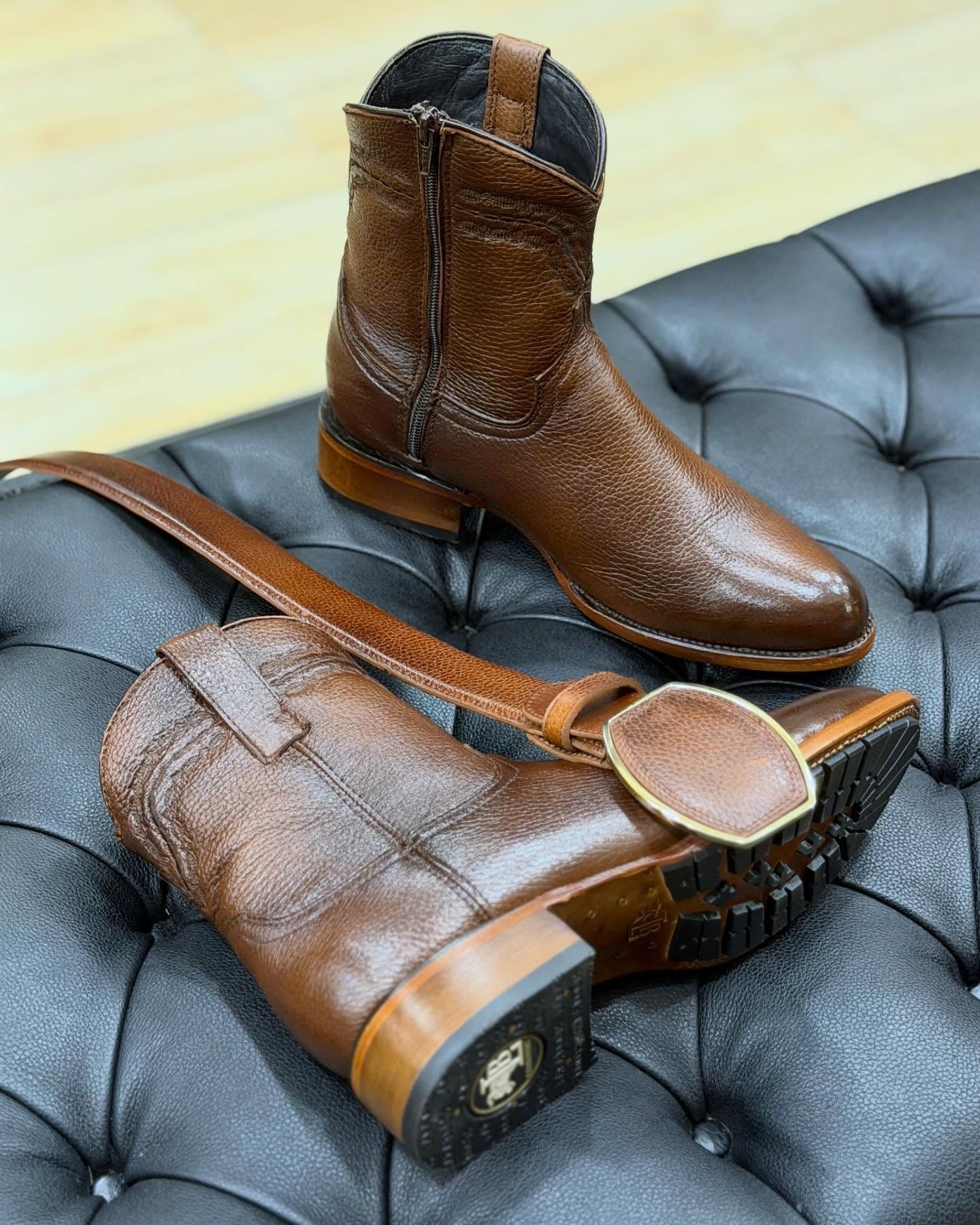Rustic Solid-Color Genuine Leather Cowboy Boots