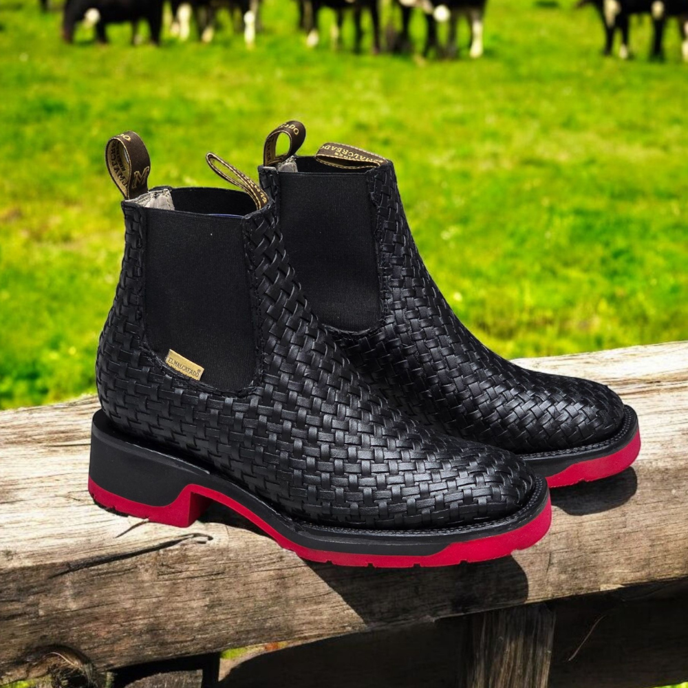 Black Woven Leather Cowboy Boots With Contrasting Red Sole