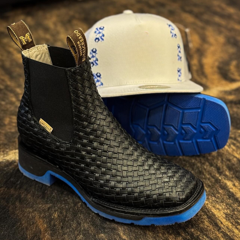 Black Woven Leather Cowboy Boots With Contrasting Red Sole