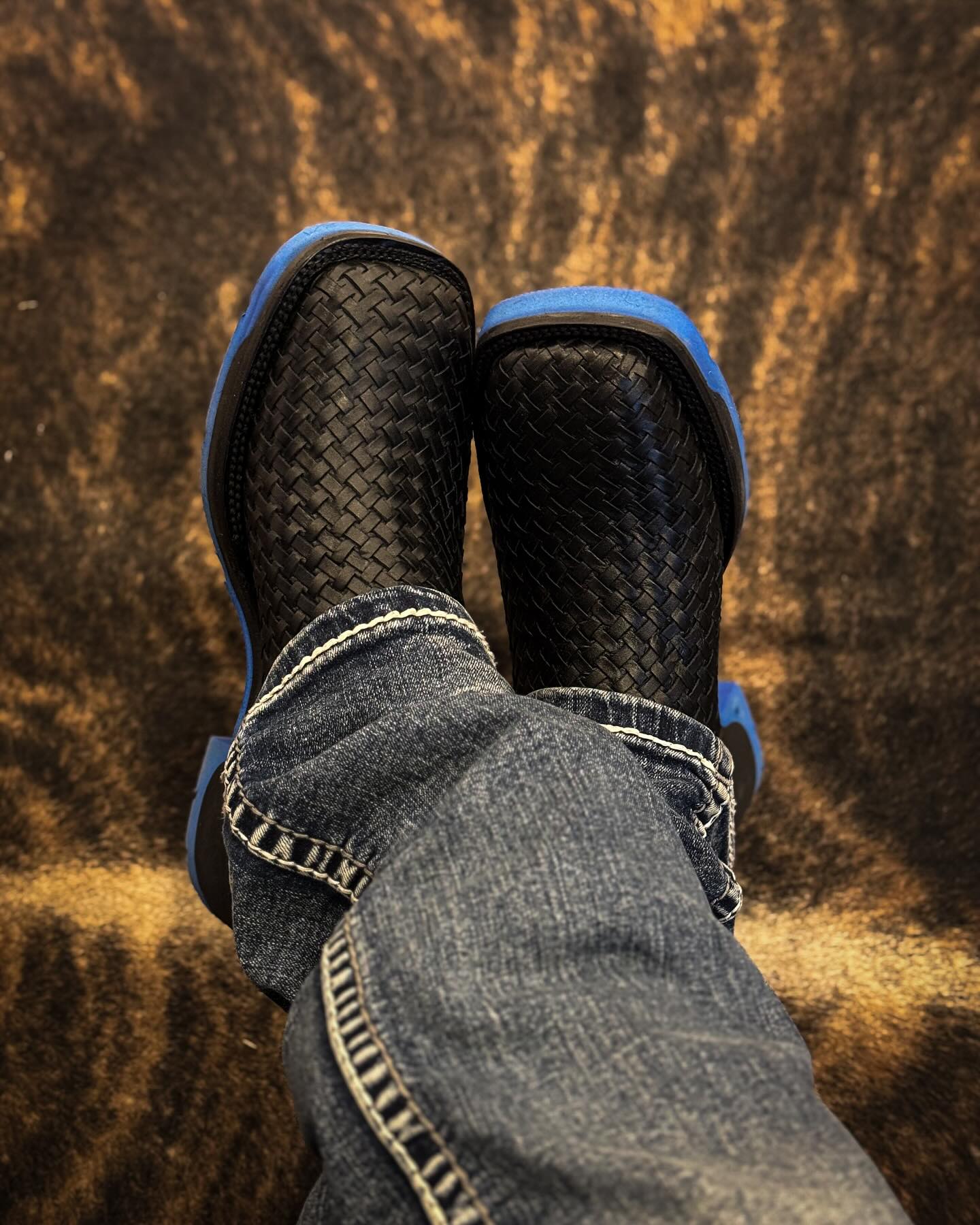 Black Woven Leather Cowboy Boots With Contrasting Red Sole