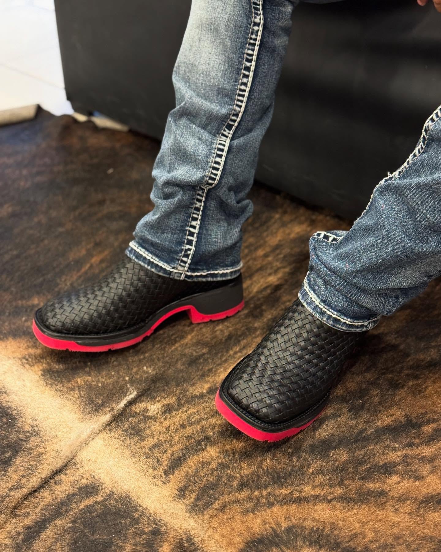 Black Woven Leather Cowboy Boots With Contrasting Red Sole