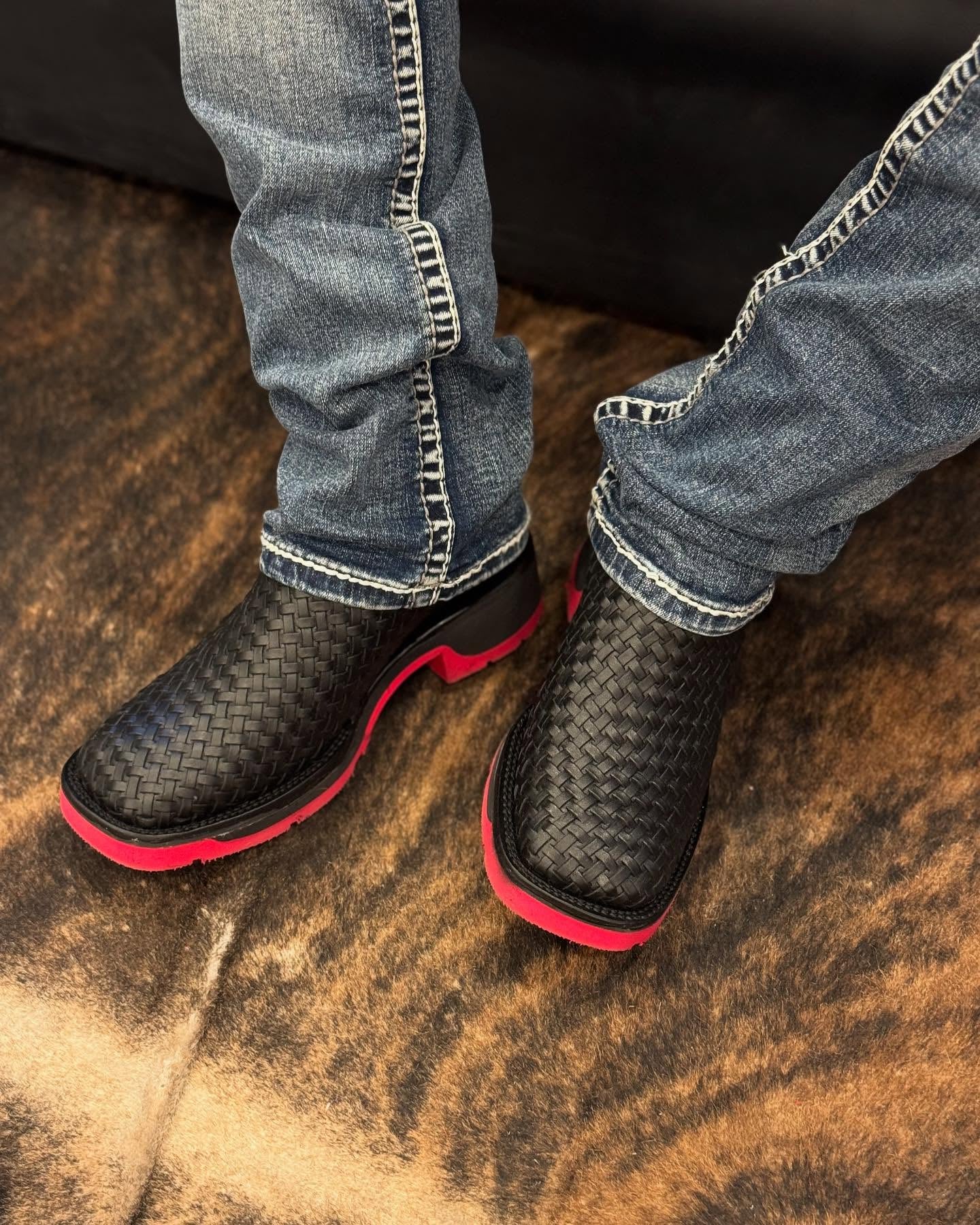 Black Woven Leather Cowboy Boots With Contrasting Red Sole