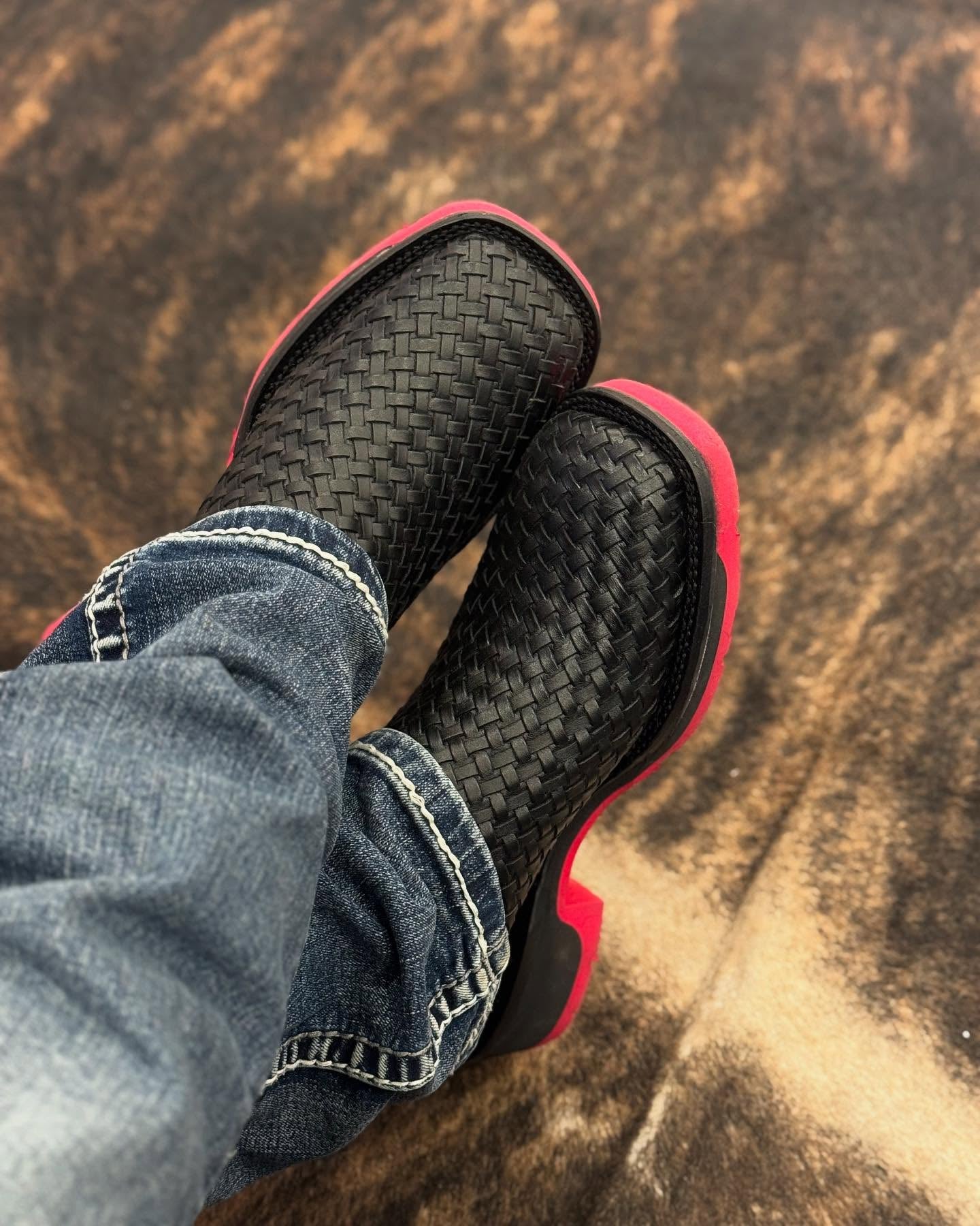 Black Woven Leather Cowboy Boots With Contrasting Red Sole