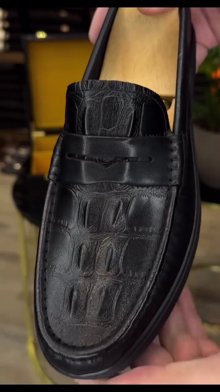 Black Croc-Embossed Leather Penny Loafers