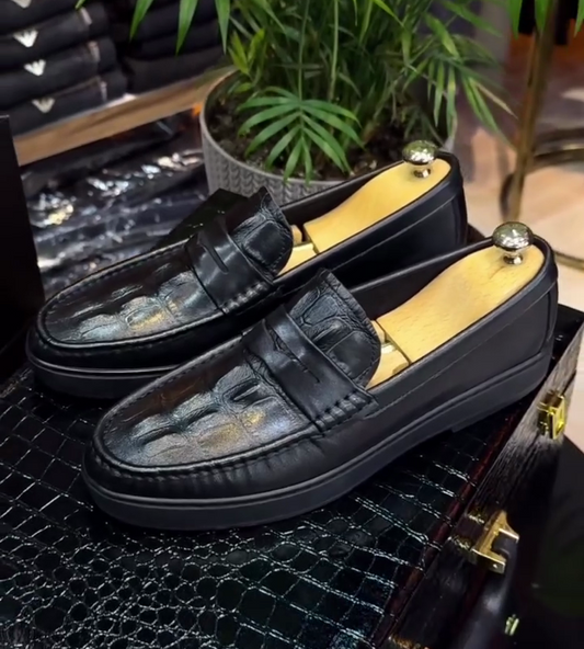 Black Croc-Embossed Leather Penny Loafers